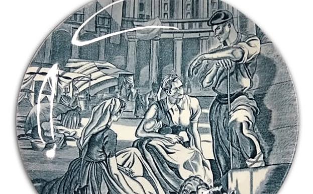 Plato decorado con escenas del mercado de la ciudad.