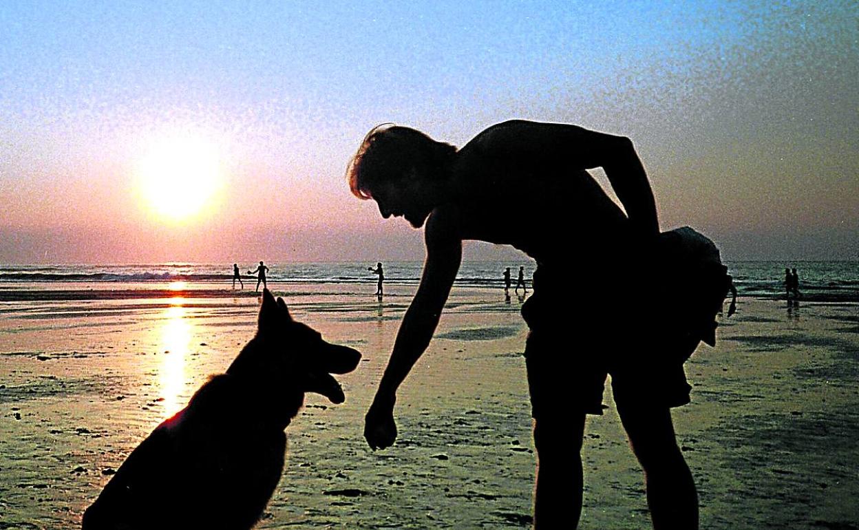 Un joven con su mascota en la playa de Arrietara en Sopela. 