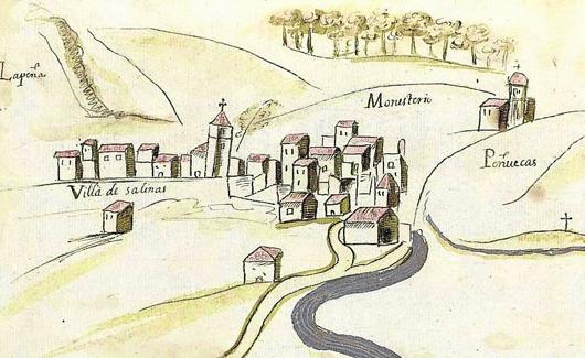 Dibujo de 1628 que ilustra la muralla de Salinas y la iglesia de San Cristóbal. 
