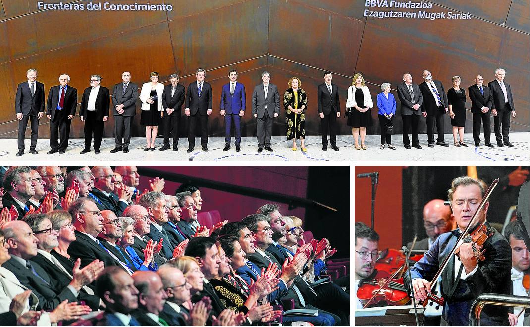 Foto de familia de los representantes institucionales y los máximos responsables del CSIC y la Fundación BBVA con doce de los premiados en esta XIV edición. Los galardonados siguieron el concierto desde las primeras filas junto a las autoridades. El violinista Renaud Capuçon, en un momento de su actuación. 
