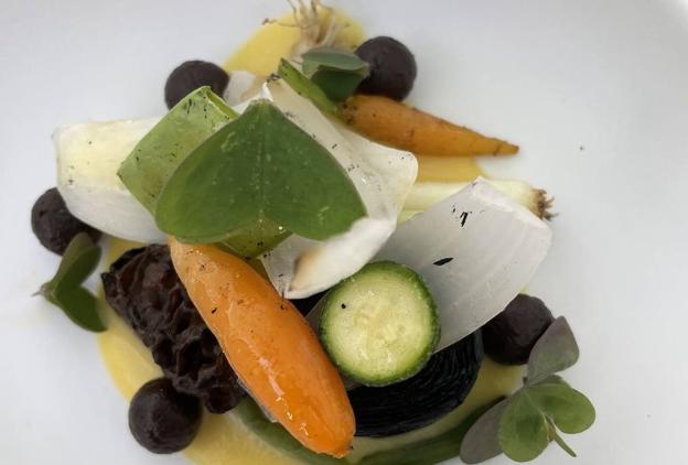 Menestra de verduras, untuoso de maíz y mole negro.