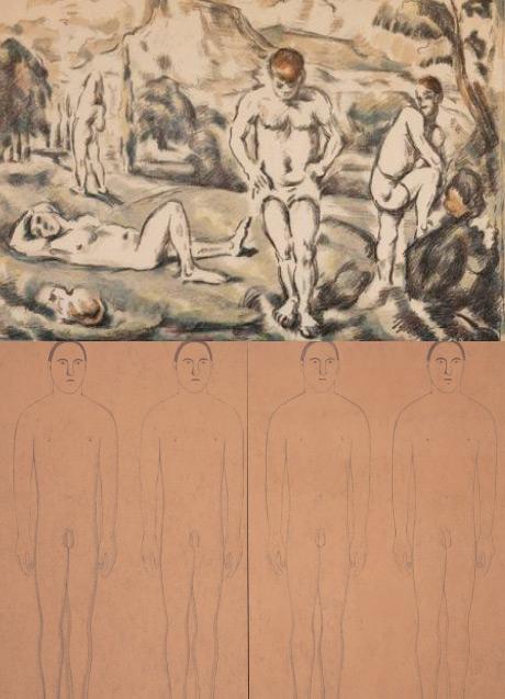 Imagen - PAU CÉZANNE. 'Les grands baigneurs'.1898. Litografía en color sobre papel. || JUAN JOSÉ AQUERRETA. 'Apolo ensimismado (Friso para la tumba de Heráclito)'. 1990-1991. Óleo sobre lienzo.