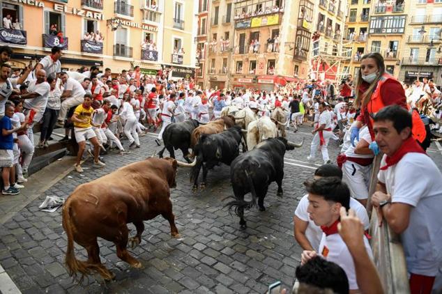 Los mozos se apartan de toros y cabestros en un momento de el encierro. 