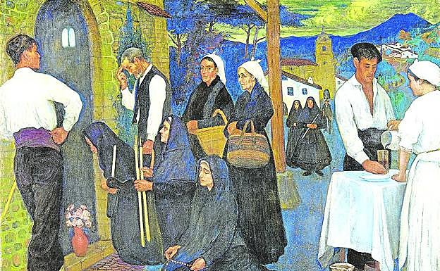 Imagen principal - 1. 'Ofrenda en una ermita', de Zubiaurre. 2. 'Mecánica de la arquitectura', de Lazkano. 3. 'El Sitio', de Losada, actual sede la exposición. 