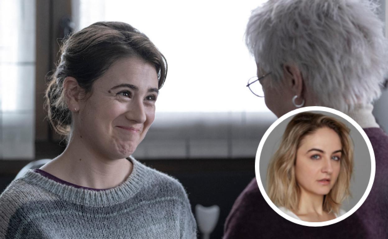 'Maixabel' filmaren fotograma bat non Paule Barcenilla eta Blanca Portillo agertzen diren. Beheko argazkian, Paule Barcenilla estudioko argazki batean.