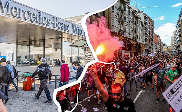 Trabajadores acuden a su puesto en las instalaciones de Mercedes-Benz Vitoria. En paralelo se suceden las protestas.