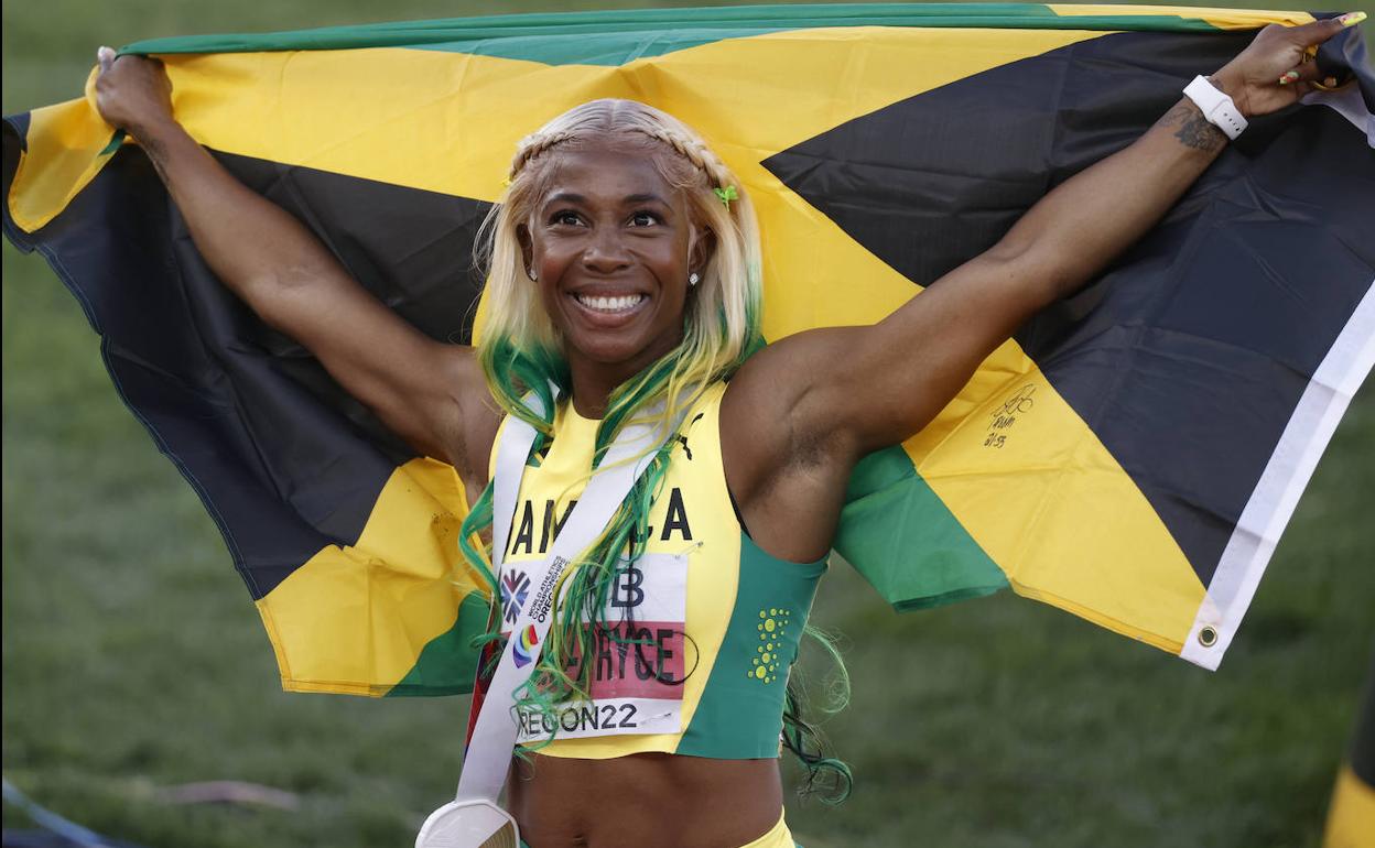 Fraser-Pryce, después de ganar los 100 metros en Eugene.