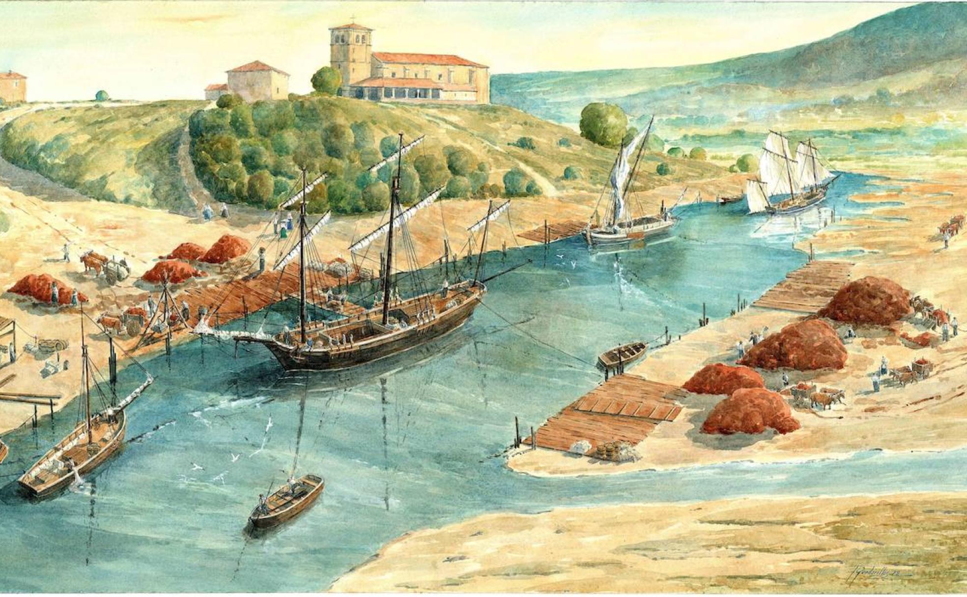 Recreación del puerto de Lavalle durante las operaciones de estiba de mineral de un quechemarín hacia 1800.