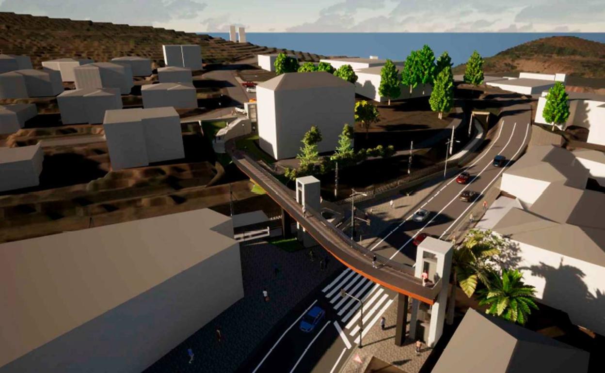 Infografía de la pasarela sobre la N-634 y sus dos ascensores para acceder a la estación. 