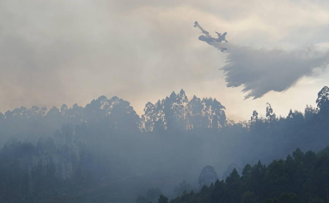 Uno de los hidroaviones descarga agua sobre el fuego en Berango.