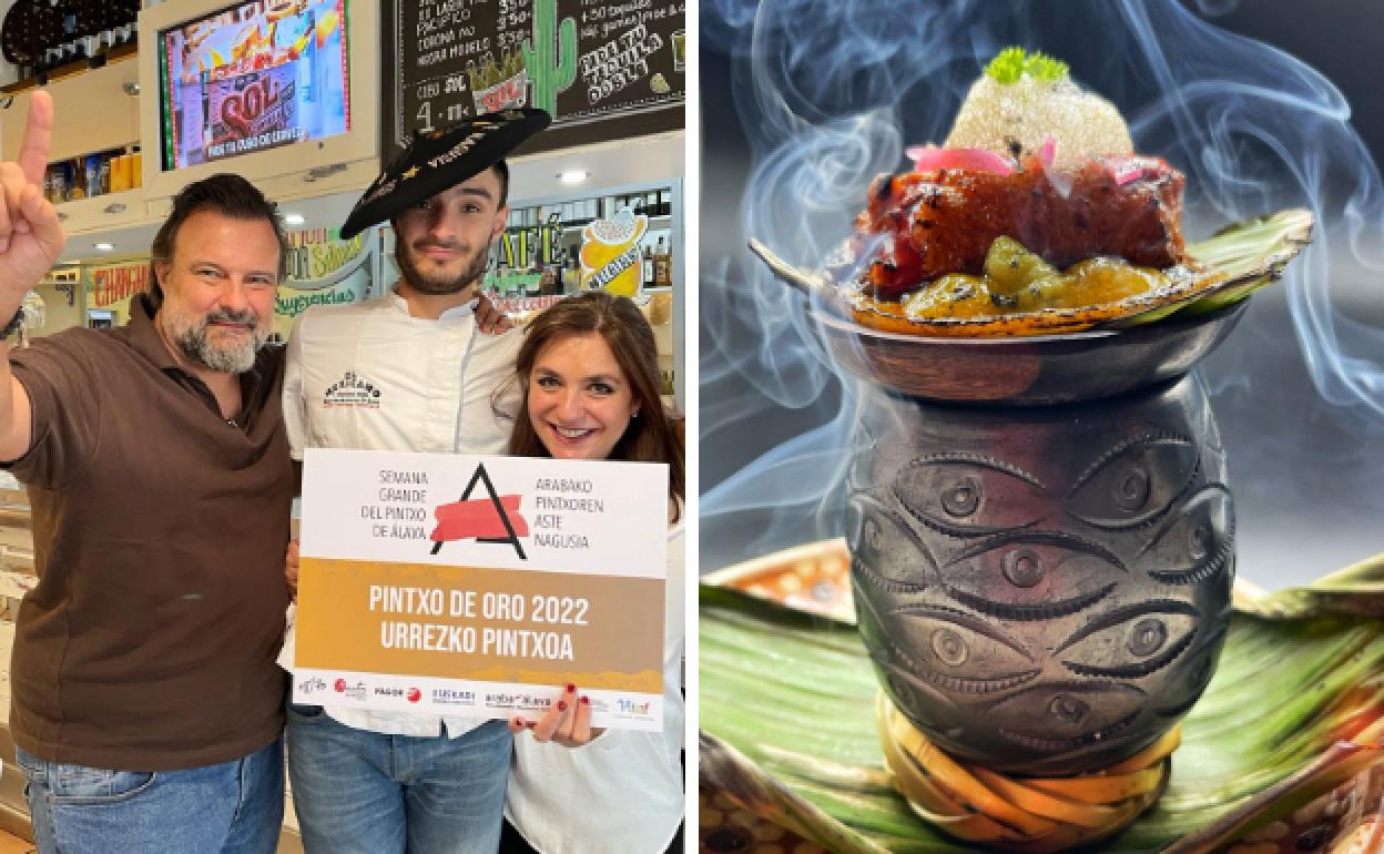 'Talo pibil', el pintxo ganador y los vencedores del certamen con el premio. 