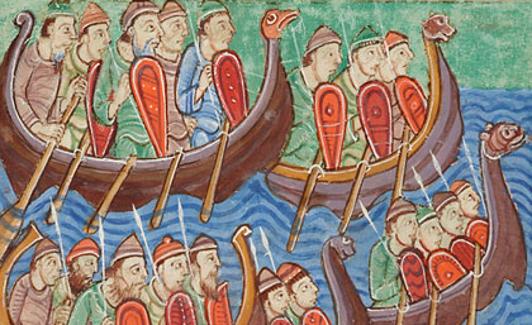 Una incursión nórdica en Inglaterra en una ilustración del siglo XII. 