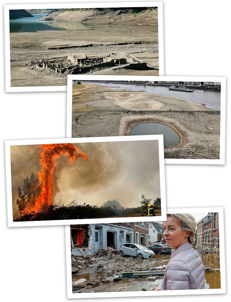 De arriba abajo: embalse de Bubál, en Huesca dejando al descubierto unas ruinas | El Rhin con un caudal especialmente reducido | Un bombero tratando de sofocar un incendio en Europa | Ursula von der Leyen visitando la localidad belga de Pepinster durante las inundaciones.