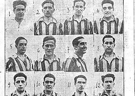 Imagen secundaria 1 - El Iberia de Aragón en 1925 con Modesto Echevarría (marcado con el 9) y a la derecha, retrato del delantero vitoriano.