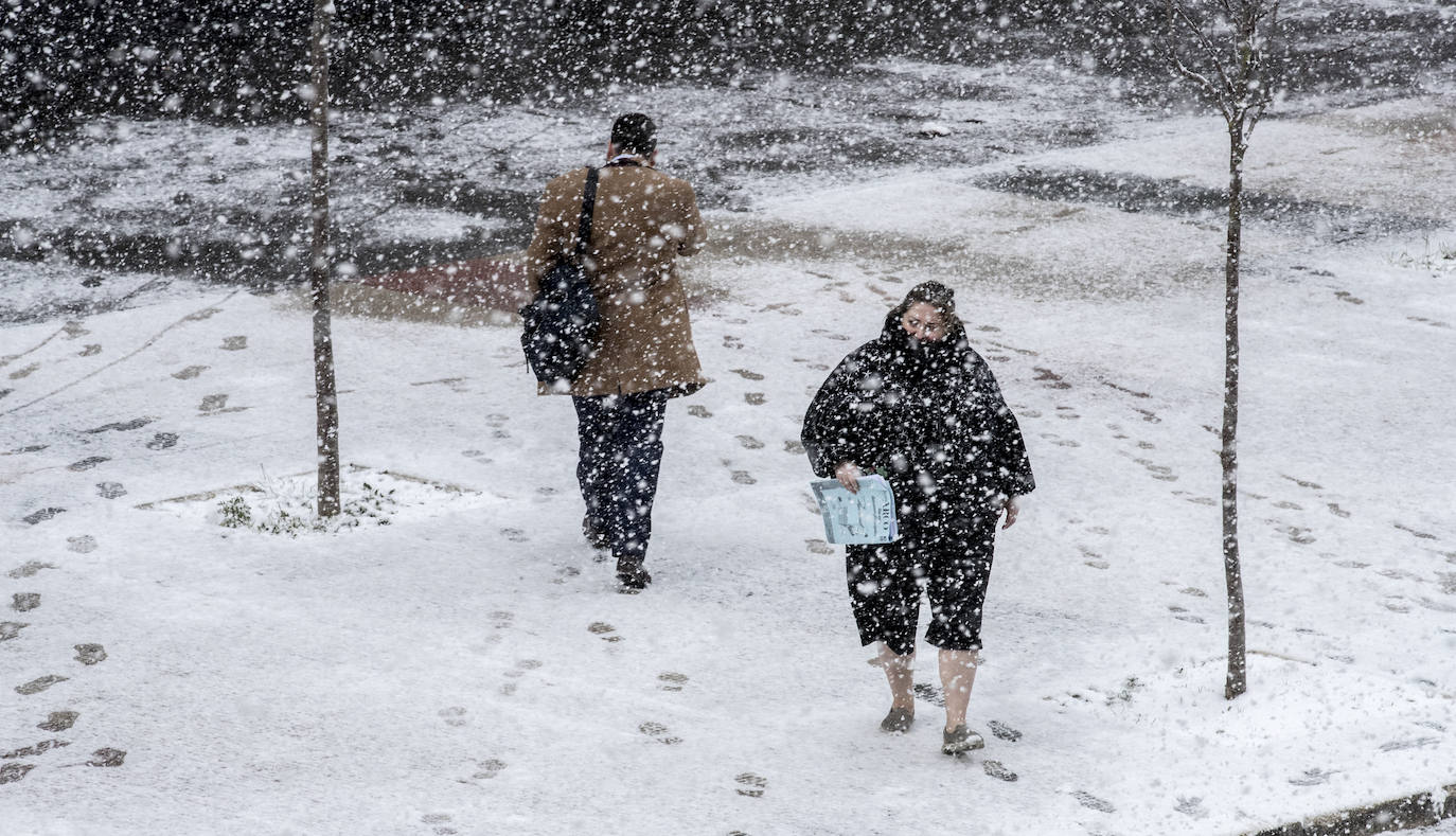 La nieve arrecia en Vitoria y dificulta la conducción en Álava