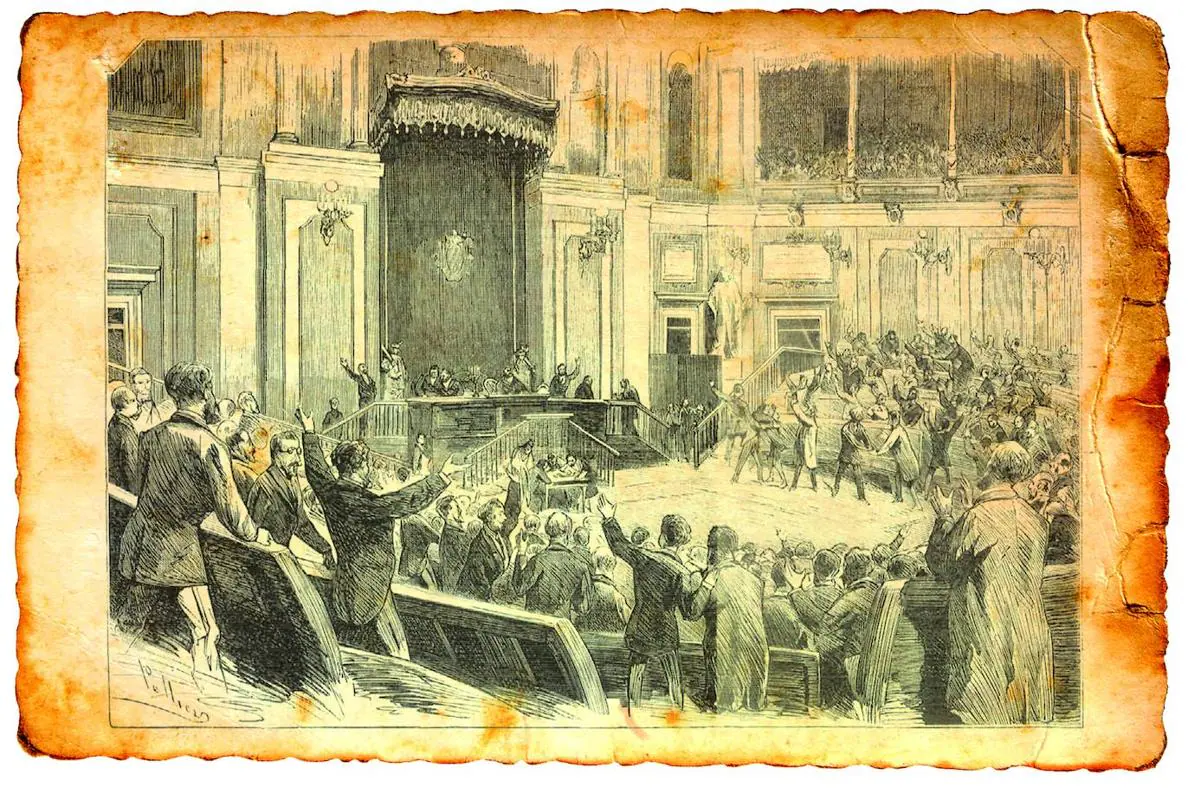 Grabado de la proclamación de la República por la Asamblea Nacional, en La Ilustración Española y Americana, 16 de febrero de 1873.