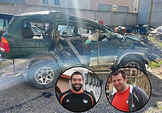 El vehículo tras el accidente y los dos falllecidos legazpiarras.
