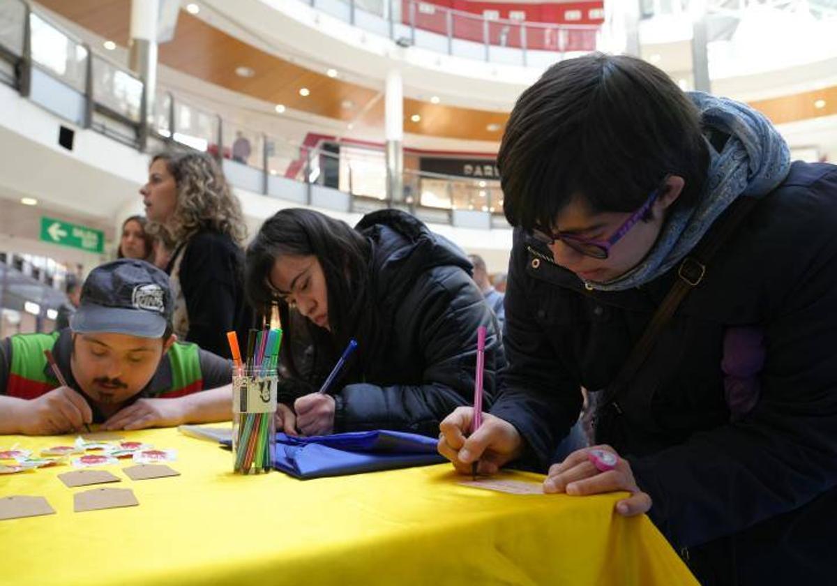 Diferentes miembros de la asociación Down Araba dejaron sus mensajes en el punto de información del centro comercial El Boulevard.