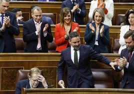 Ramón Tamames, pensativo en el Congreso mientras la bancada de Vox aplaude a Santiago Abascal.