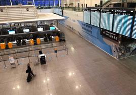 Un pasajero camina por la terminal desierta del aeropuerto de Munich y observa los paneles con todas las cancelaciones.