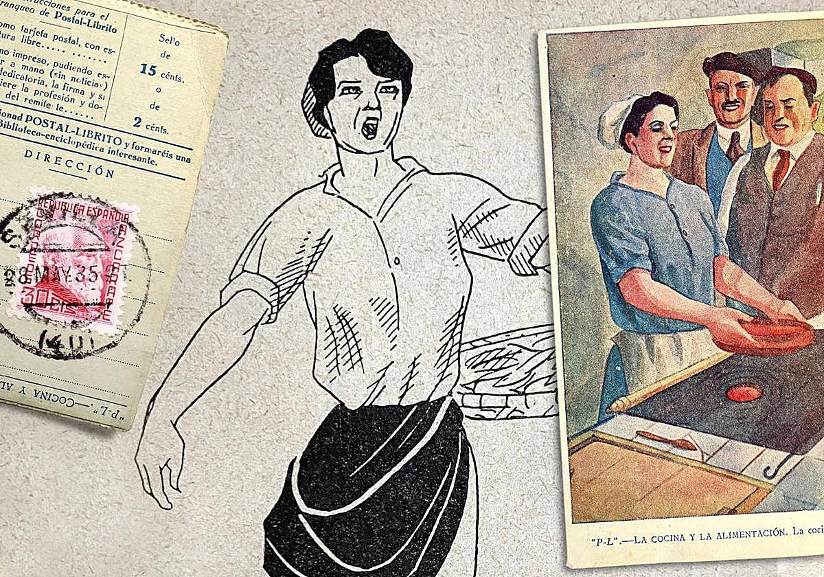 Portada, contraportada e ilustración de 'La cocina y la alimentación: la cocina vasca, tomo I'. Colección Ana Vega.