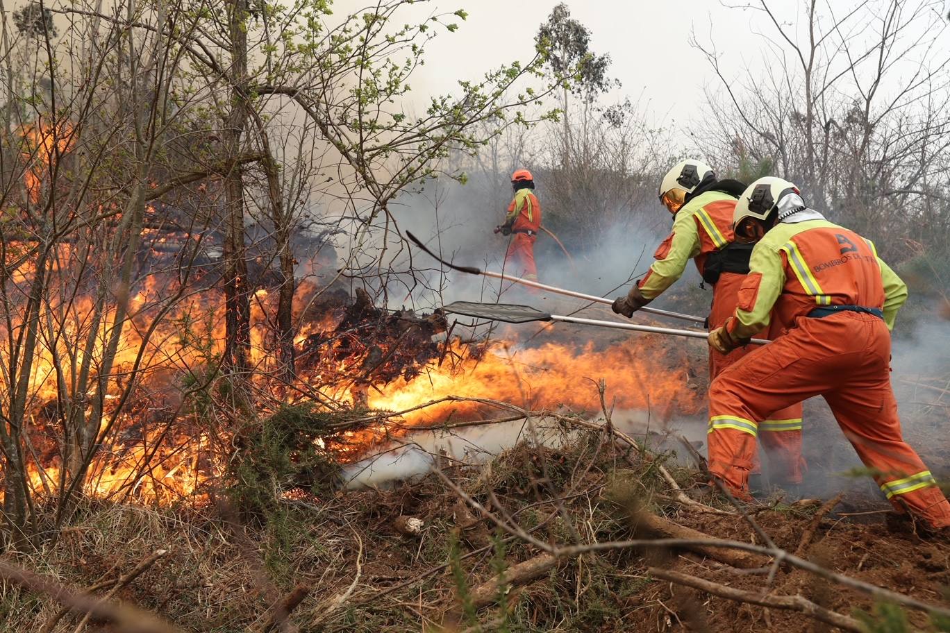 Los equipos de extinción se afanan en apagar el fuego con todo tipo de herramientas