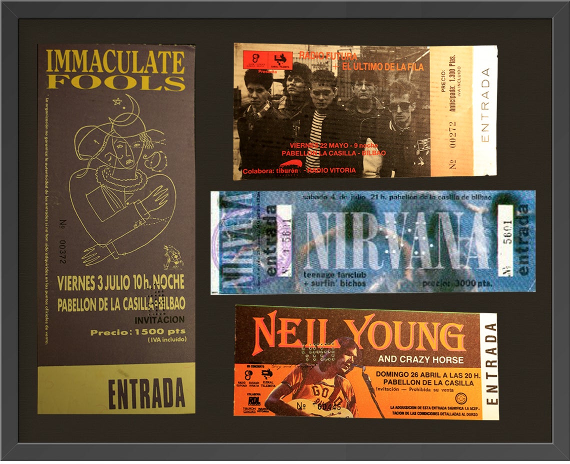 Entradas de Inmaculate Fools, Radio Futura con El Último de la Fila y Neil Young, conciertos todos ellos promovidos por Spasky. Además, un ticket para Nirvana.