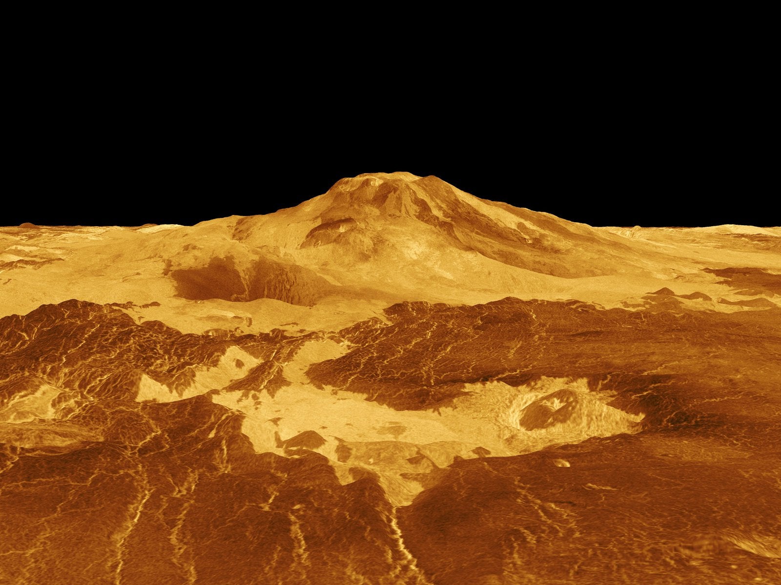 Imagen tridimensional generada por ordenador del volcán Maat Monsto