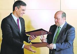 Pedro Sánchez y Andoni Ortuzar, en el acto de firma del acuerdo de investidura en diciembre de 2019.