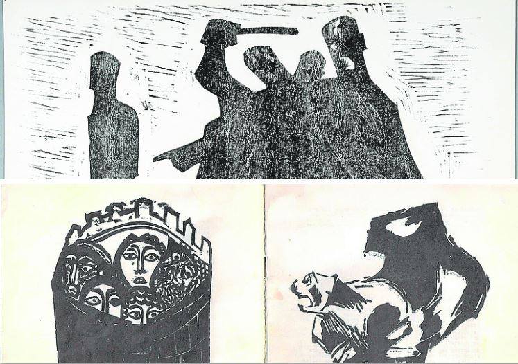 Grabado de su época de Estampa Popular. Abajo a la derecha, dibujo hecho en la cárcel para un folleto con canciones de la resistencia española.