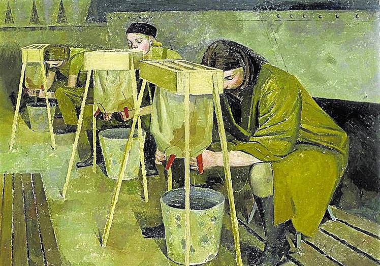 Imagen principal - 1. 'Prácticas de ordeñado'. Pintura de E.M. Dunbar, 1940. 2. Sin título. Obra de Julia Bornefeld, 1995. 3. Asno con bandejas de queso. Hecha en terracota y datada en los siglos II - III antes de Cristo. 