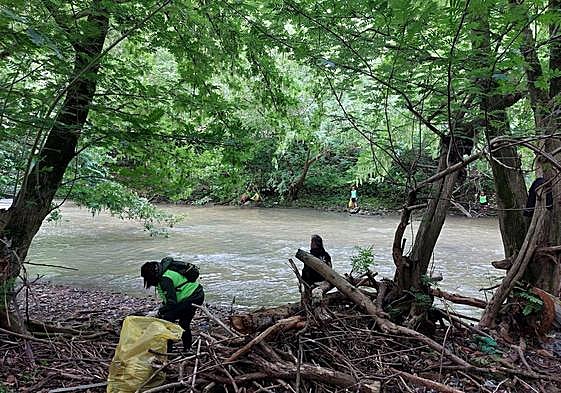 Voluntarios limpiando basura de las márgenes del Ibaizabal a su paso por Galdakao.