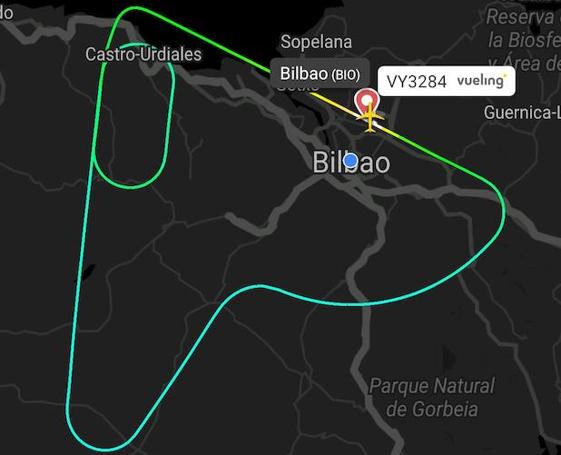 Trayectoria que siguió el avión antes de regresar a Loiu.