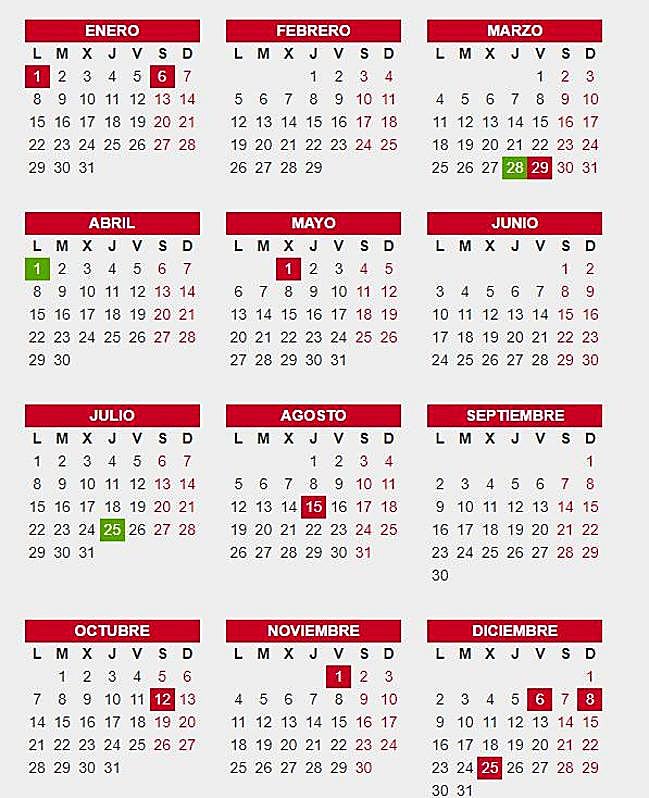 En verde, festividades autonómicas. En rojo, festividades nacionales.