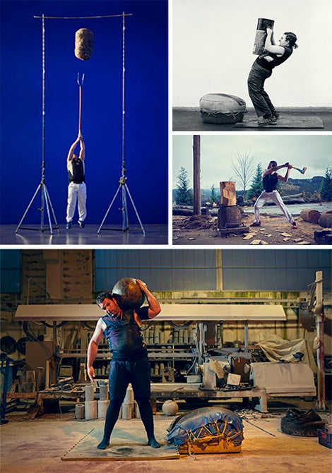 José Martín Bustinza 'Tubi' ha hecho historia en el lanzamiento de fardo; Karmele Gisasola, que triunfa en el levantamiento de yunque y piedra, corte de troncos y carrera de txingas; el aizkolari Aitzol Atuxa, campeón de Euskadi; e Imanol Albizu, entrenando en la marmolería del harrijasotzaile retirado José Antonio Gisasola, padre de Karmele, en Mallabia.