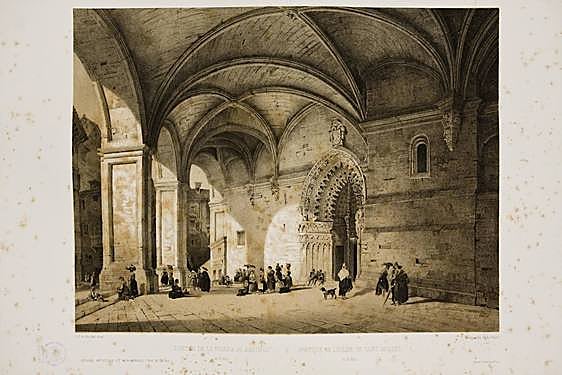 El pórtico de la iglesia de Santiago, hoy catedral, en un grabado de Villaamil.
