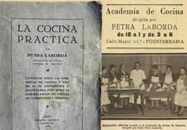 Portada de 'La cocina práctica' (1929) y recortes de prensa sobre la academia culinaria de Laborda.