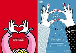 A la izquierda, el cartel de fiestas de Bilbao, y a la derecha, el de Vitoria.