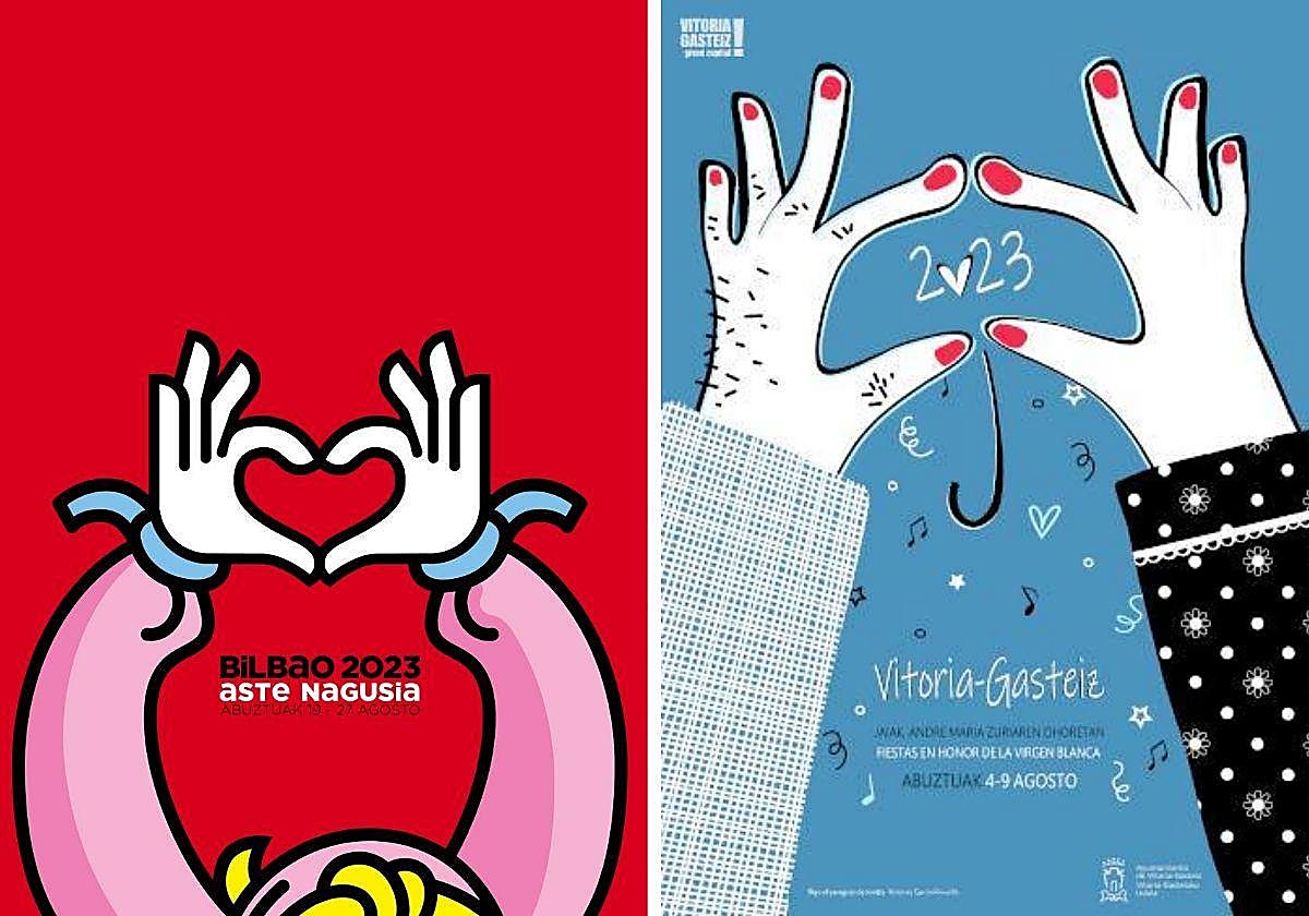 A la izquierda, el cartel de fiestas de Bilbao, y a la derecha, el de Vitoria.