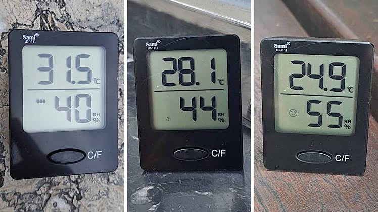 Temperatura en el entorno de Moyua el pasado miércoles a mediodía. La primera medición, tomada en la plaza entre el sol y las nubes, la segunda a la sombra de un edificio de los que rodean la plaza, y la tercera, bajo los enormes tilos de la Gran Vía.