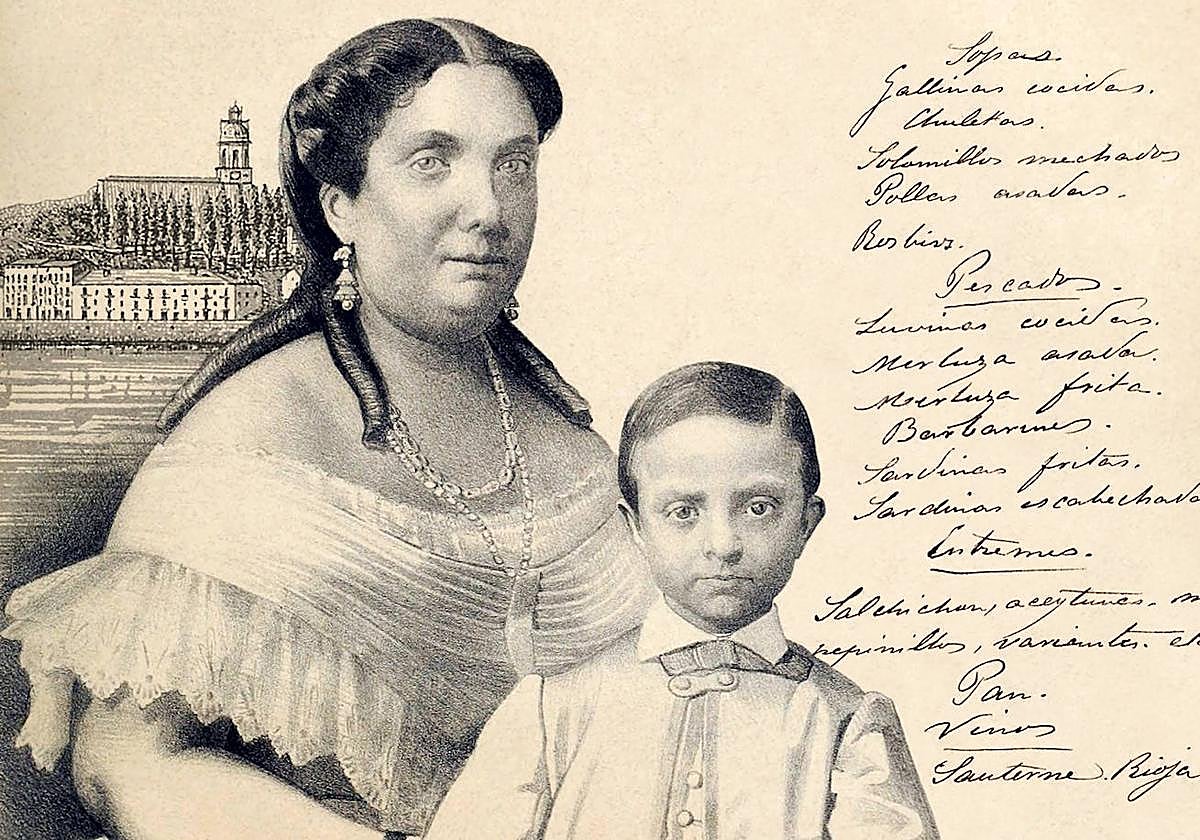 Menú ofrecido al séquito de Isabel II el 31 de agosto de 1865 (AHDFB) y retrato de la reina y el príncipe Alfonso en 1864.