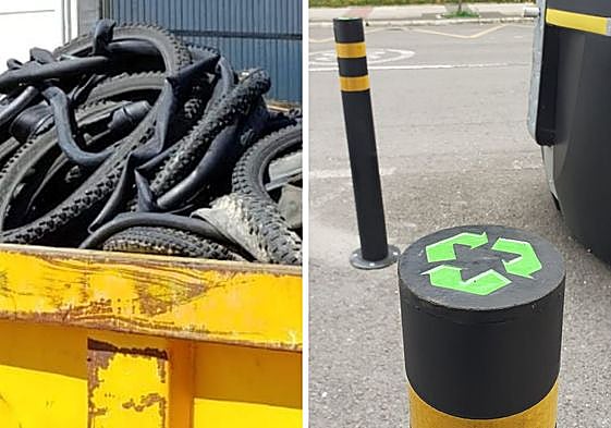 Los residuos de neumáticos y los nuevos bolardos instalados en la calle Lascaray.