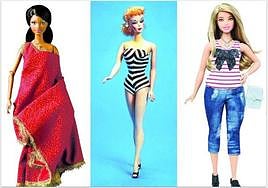Distintos modelos de Barbie desde la original de 1959, la india ataviada con un sari, con unas medidas más ajustadas a la realidad.