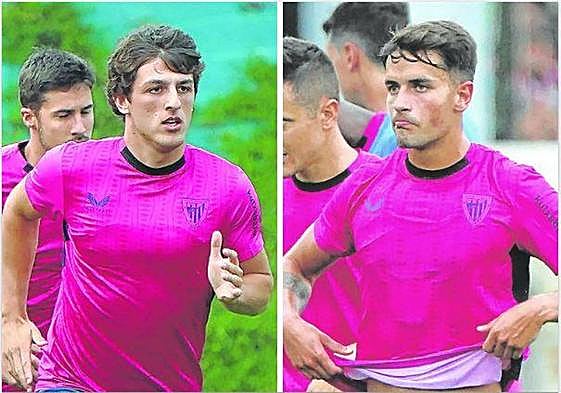 Unai Gómez, a la izquierda, y Beñat Prados, a la derecha, durante una de las sesiones de entrenamiento del Athletic.