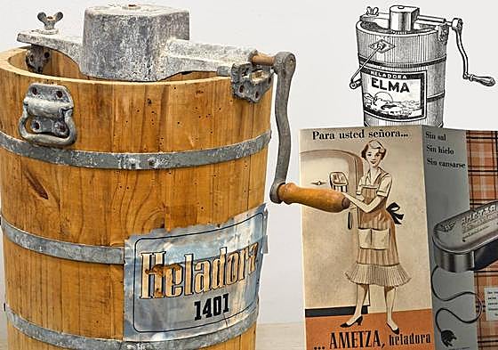Heladora Elma del Palacio Real (foto Patrimonio Nacional), ilustración de la misma y folleto de la heladera eléctrica Ametza.