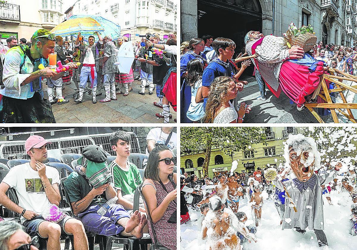1. El paseíllo de vuelta sí se pudo celebrar ayer a partir de las ocho de la tarde. 2. Gigantes y Cabezudos regresaron a su hogar tras el último baile de La Blanca'23. 3. Espectadores achicharrados en la plaza del Machete. 4. Fiesta de la espuma en la plaza Celedones de Oro el martes.