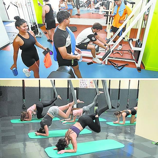 Arriba, El perfil de usuarios en Podium es amplio, acuden por igual hombres y mujeres. Debajo, en el Gimnasio de Adriana Iglesias lo más novedoso es la práctica del fitness en suspensión