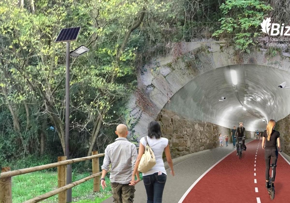 Recreación del bidegorri a su paso por el túnel de El Boquete.