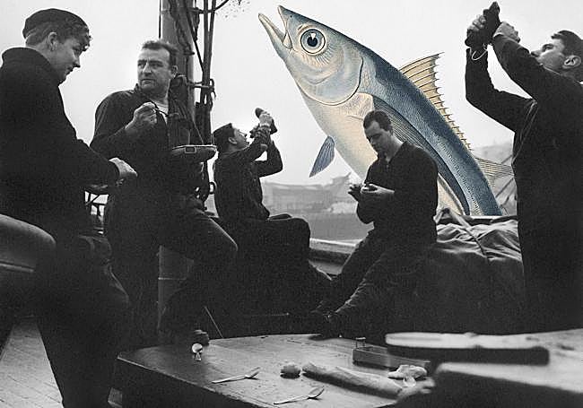 Arrantzales almorzando en el puerto de Pasajes en 1956 (GureGipuzkoa) e ilustración.