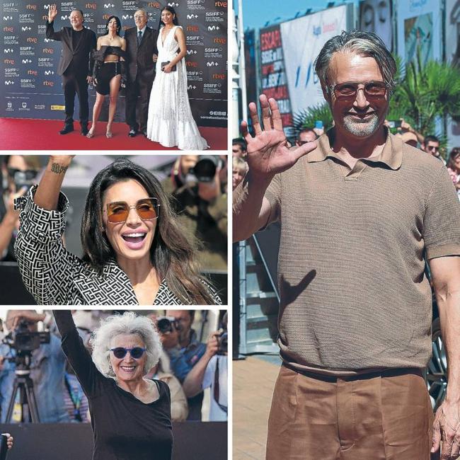 Arriba a la derecha, parte del equipo de 'Nada' en el Victoria Eugenia. Debajo, la televisiva Pilar Rubio. Abajo a la derecha, Marisa Paredes, otra clásica del festival, saluda ante el María Cristina. A la izquierda, Mads Mikkelsen llevaba en San Sebastián desde el domingo.